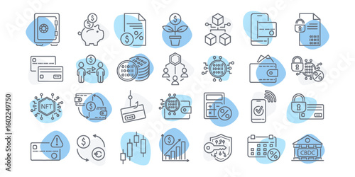 Line icon set for finance, digital pay system and mobile payment with phone, card and smart crypto wallets or bank terminals. Editable vector for cbdc  money transfer. Ideal for blockchain solutions