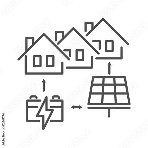 Energy grid icon for smart power technology and electric solutions. This environment network, or microgrid, provides energy to homes by its design.