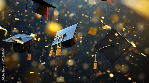 Graduation caps flying amidst golden confetti, celebrating achievement and success.