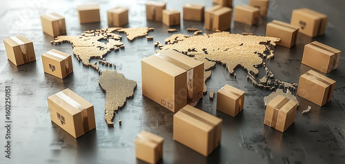 Cardboard box world map shipping delivery logistics global parcel distribution transportation commerce concept of worldwide shipping and logistics with cardboard boxes on world map background