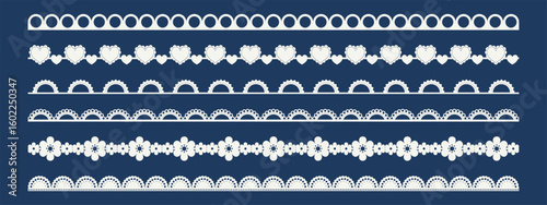 Lace border with scallop edge and trim pattern for vector frame or crochet embroidery. White line design on blue background. Vintage decoration.