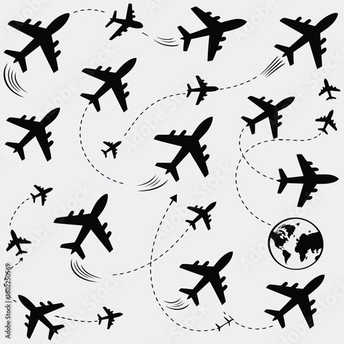This dynamic illustration features a variety of airplanes in flight patterns, intertwined with a globe, symbolizing global travel and connectivity.