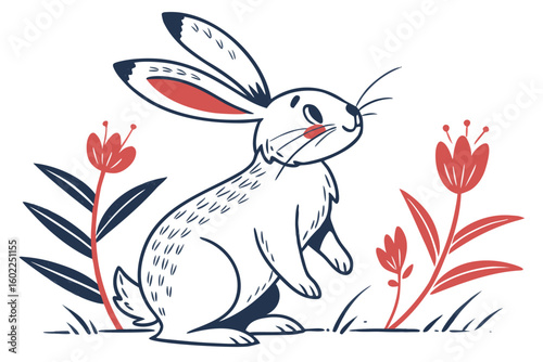 Cute rabbit stands among vibrant flowers in a whimsical garden scene during a sunny afternoon in springtime