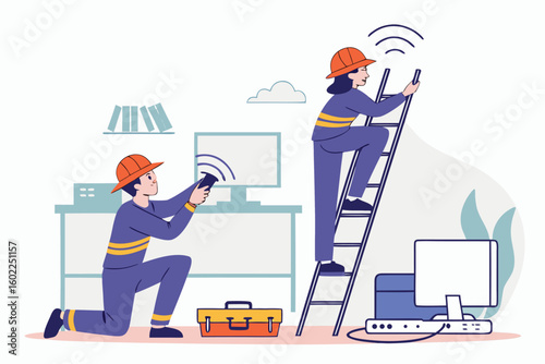 Workers performing maintenance on communication equipment in an office environment during the daytime with safety gear and tools