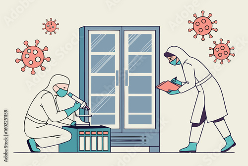 Scientists conduct research on virus samples inside a laboratory with specialized equipment while ensuring safety protocols during a health crisis