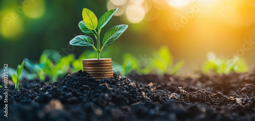 Young plant growing on stacked coins, symbolizing financial growth, investment, savings, and eco friendly business in natural outdoor setting with sunlight and fresh soil