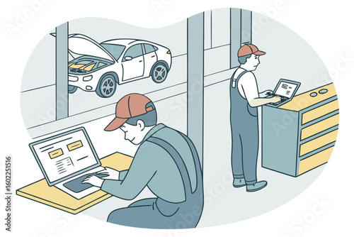 Workers servicing vehicles while using laptops in a modern automotive workshop during daytime with cars visible outside the window