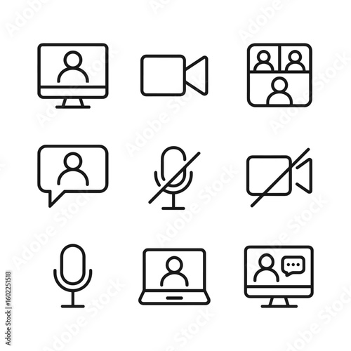 Digital video conferencing and meeting symbols. Outline symbols. Line design