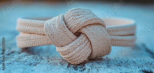 Beige belt knot fabric braided accessory fashion textured closeup minimal soft beige belt with braided knot design made from textured fabric displayed minimal style soft blue wooden surface