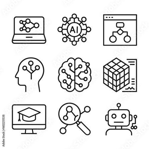 Data science and automation technology icons. Outline symbols. Line design