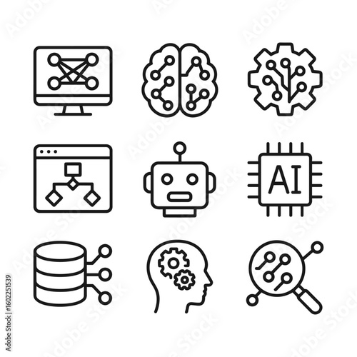 Neural network and algorithm icon collection. Outline symbols. Line design