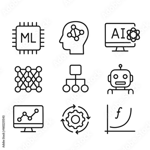 Machine learning and artificial intelligence icons. Outline symbols. Line design