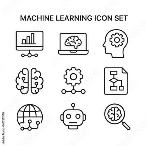 Artificial intelligence and data analysis icons. Outline symbols. Line design