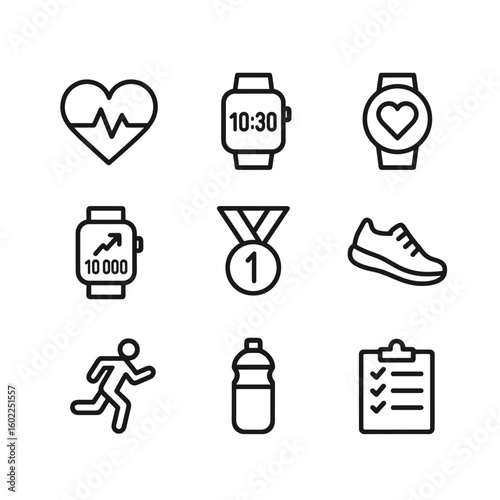 Sports and gym equipment icon set. Outline symbols. Line design