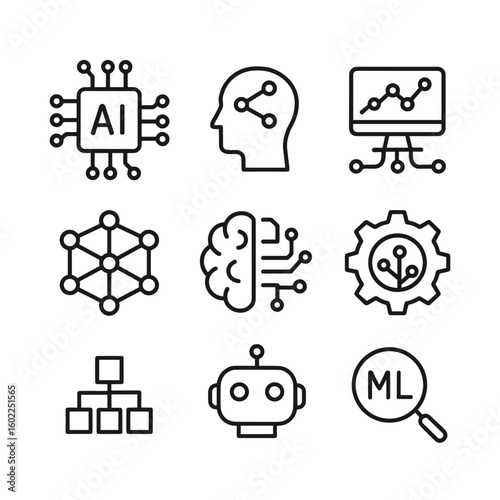 Deep learning and predictive model symbols. Outline symbols. Line design