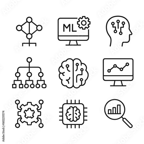 Computer science and programming algorithm icons. Outline symbols. Line design
