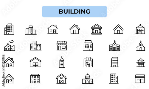 Building Line Icons – Vector Outline Pack Featuring Houses, Skyscrapers, Hospitals, Factories, Shops, Churches, Government, and Commercial Buildings