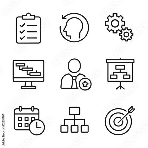 Workflow organization vector icons. Outline symbols. Line design