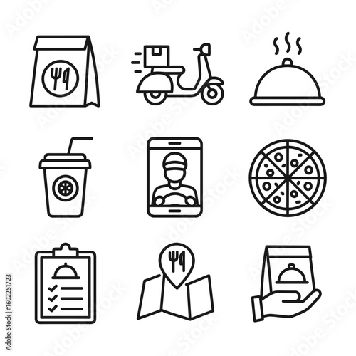 Restaurant delivery app icons collection. Outline symbols. Line design