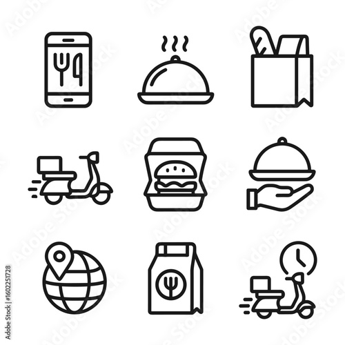 Food delivery service vector icons. Outline symbols. Line design