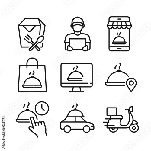 Meal delivery logistics icons. Outline symbols. Line design
