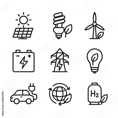 Eco friendly energy power icons vector set. Outline symbols. Line design