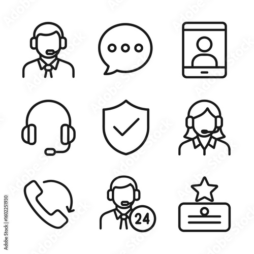 Client support assistance communication symbols. Outline symbols. Line design