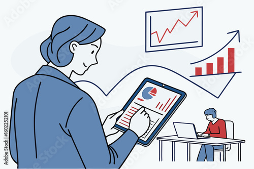 Business professionals analyze data and projections during a strategy meeting, utilizing digital tools for effective decision-making