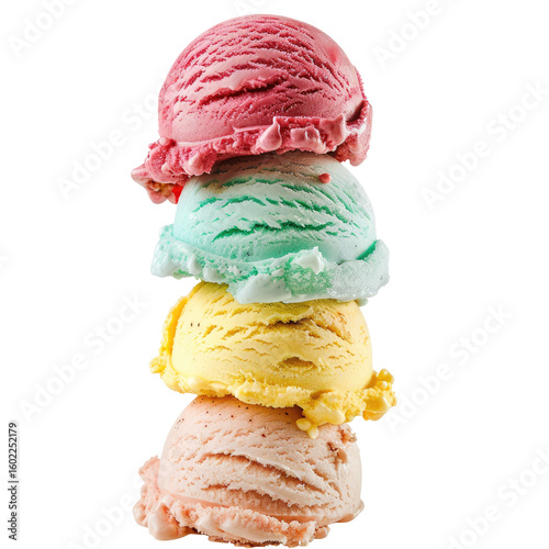 Three colorful ice cream scoops stacked vertically
