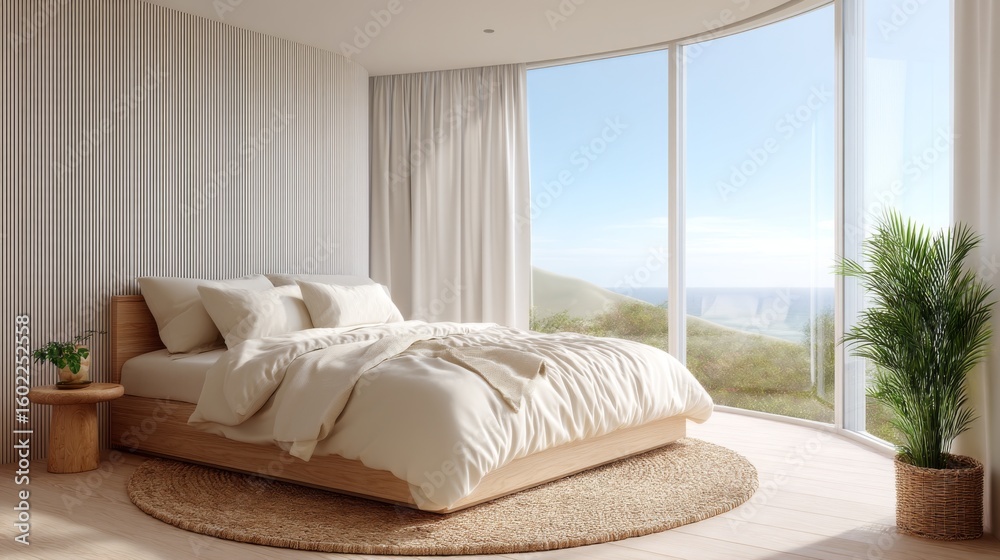 Fototapeta premium Serene minimalist bedroom decor coastal view interior design bright and airy modern aesthetic