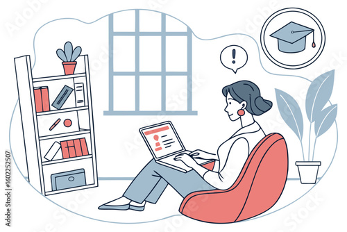 Woman studying academically in a cozy indoor space with educational materials and a plant during daytime