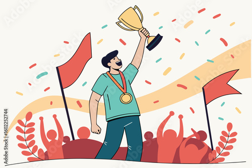 Victory celebration featuring a man holding a trophy high with a gold medal around his neck, surrounded by cheering crowds and colorful confetti, an energetic moment of achievement