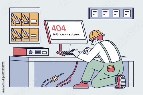 Technician troubleshooting network issues in an office setting with a computer displaying an error message during work hours