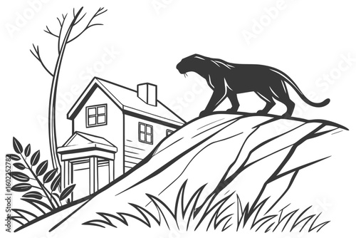Black panther prowling near a rustic house on a rocky hillside surrounded by sparse trees and vegetation during the early evening hours