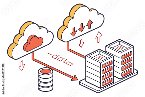 Cloud computing architecture showing data transfer between clouds and servers with arrows indicating upload and download activities