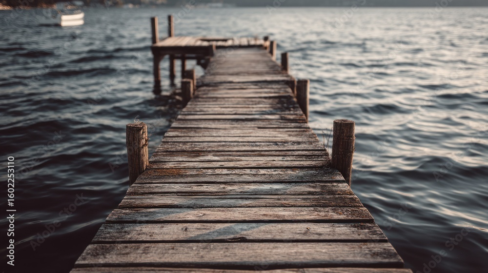 Obraz premium A gray-toned lakeside dock with soft ripples, vintage film aesthetic