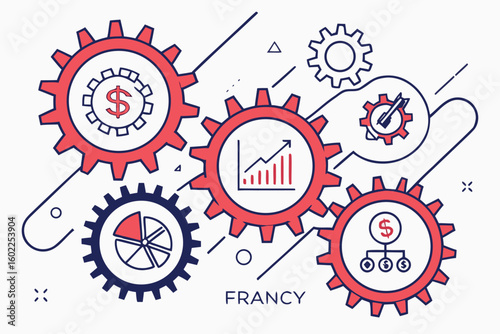 Visual representation of financial growth and strategies using gears, displaying monetary symbols and graphs to illustrate economic concepts and business dynamics