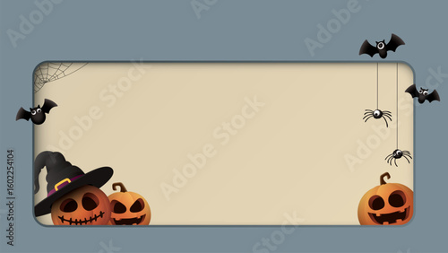 3D rounded rectangle frame paper cut style background with Halloween elements graphic illustration have blank space.
