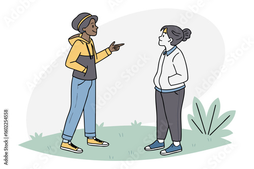 Friends engaged in a lively conversation outdoors on a sunny day in a park, showcasing camaraderie and joyful interactions