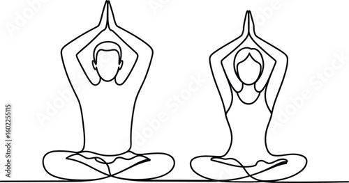 Two people meditating in lotus pose with hands clasped overhead