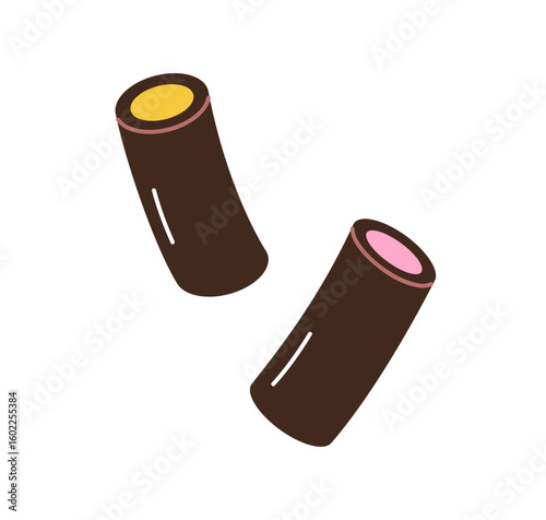 Licorice rockies, gummy candy, sweet snack. Sugar liquorice tubes, soft chewy sticks cream filling. Dessert, healthy chewable confectionery. Flat vector illustration isolated on white background