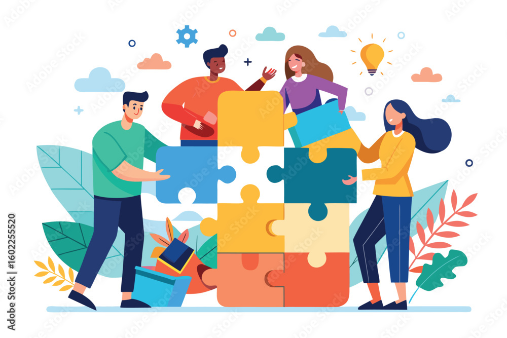 Obraz premium Group of diverse individuals collaboratively assembling a colorful puzzle in a creative workspace during a sunny day