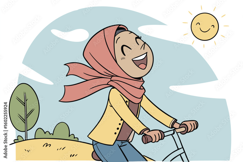 Naklejka premium Joyful girl riding bicycle under sunny sky, enjoying a warm day