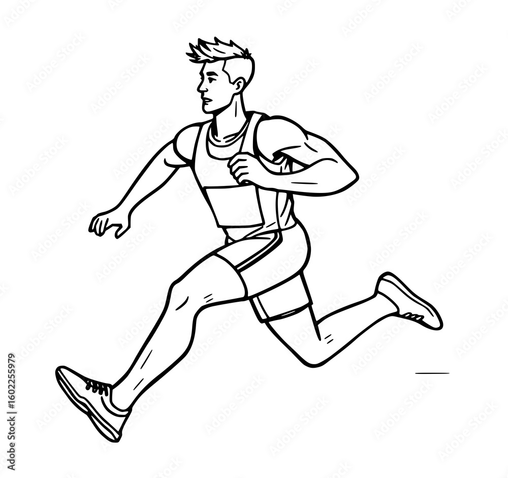 Runner in Motion: A dynamic line art illustration depicts a male athlete sprinting, showcasing his powerful physique and determined expression in a monochrome style. Runner in Motion: A dynamic line art illustration depicts a male athlete sprinting, showcasing his powerful physique and determined expression in a monochrome style.
