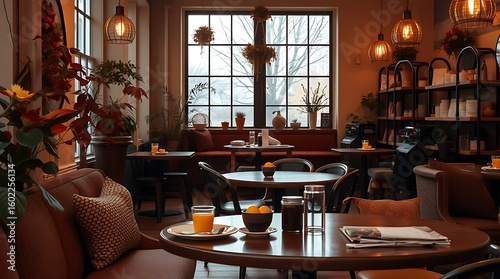 Earthy tones and cozy atmosphere in a warm autumn cafe photo