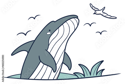Whale breaching the ocean surface under a clear sky with seagulls flying overhead and grass in the foreground