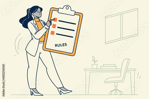 Professional woman presenting a checklist of rules in a modern office environment during a work meeting to emphasize organizational policies and guidelines