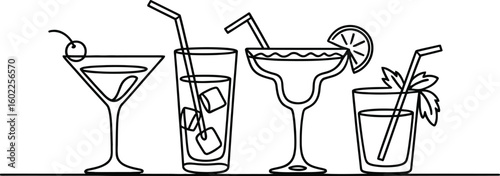 Line art drawing of four different cocktails with straws and garnishes