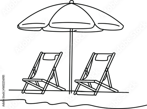 Hand drawn sketch of two beach chairs under a parasol on the sand