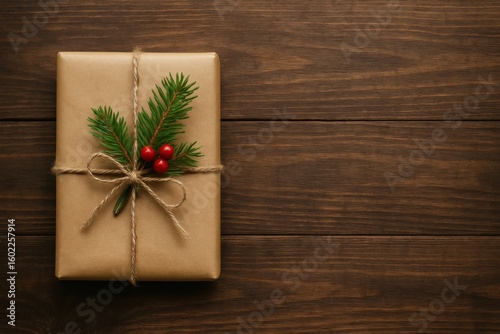 Realistic Kraft Paper Christmas Gift with Pine. AI Generative.